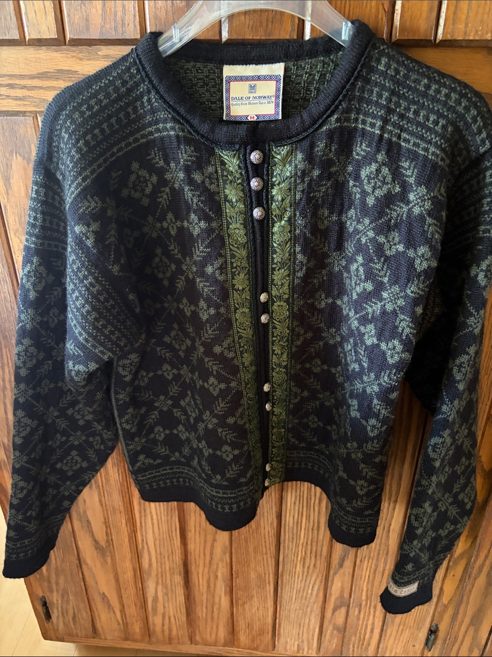Dale of Norway Black Cardigan with Green Nordic Motif size Medium